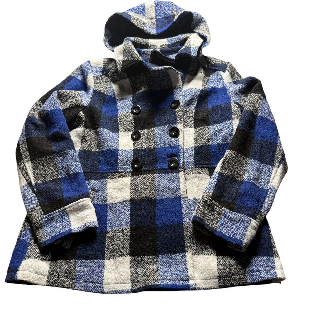 Faded Glory Girls XL 16-18 Blue Plaid Hooded Double Breasted Coat